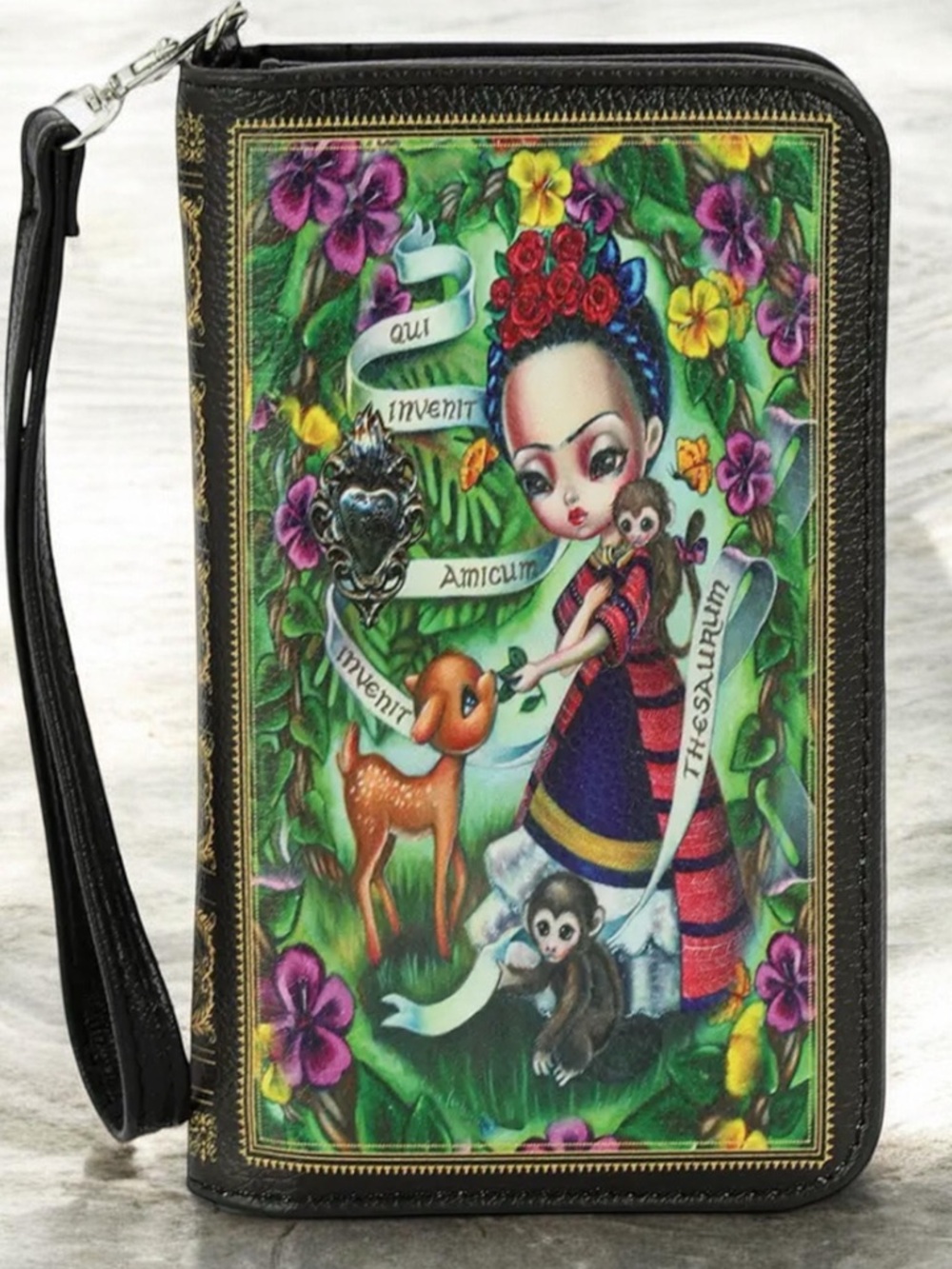 Frida Kahlo Inspired Floral Zip Wristlet Clutch in Black Vegan Leather